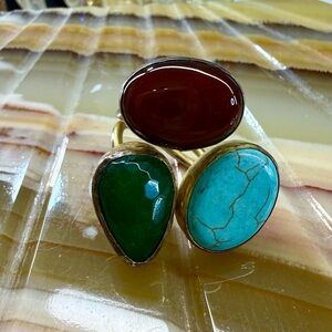 Vintage Triple Stone Statement Ring - Turquoise, Green, and Red Stones